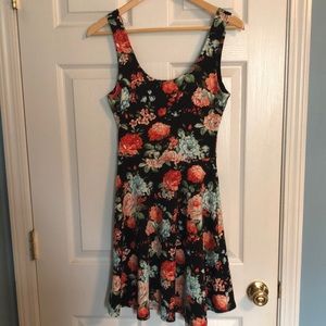 Black orange & turquoise floral skater dress